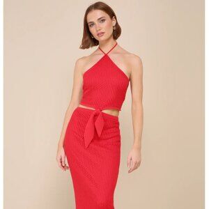 Bright Red Crochet Cutout Halter Midi Dress (size small)